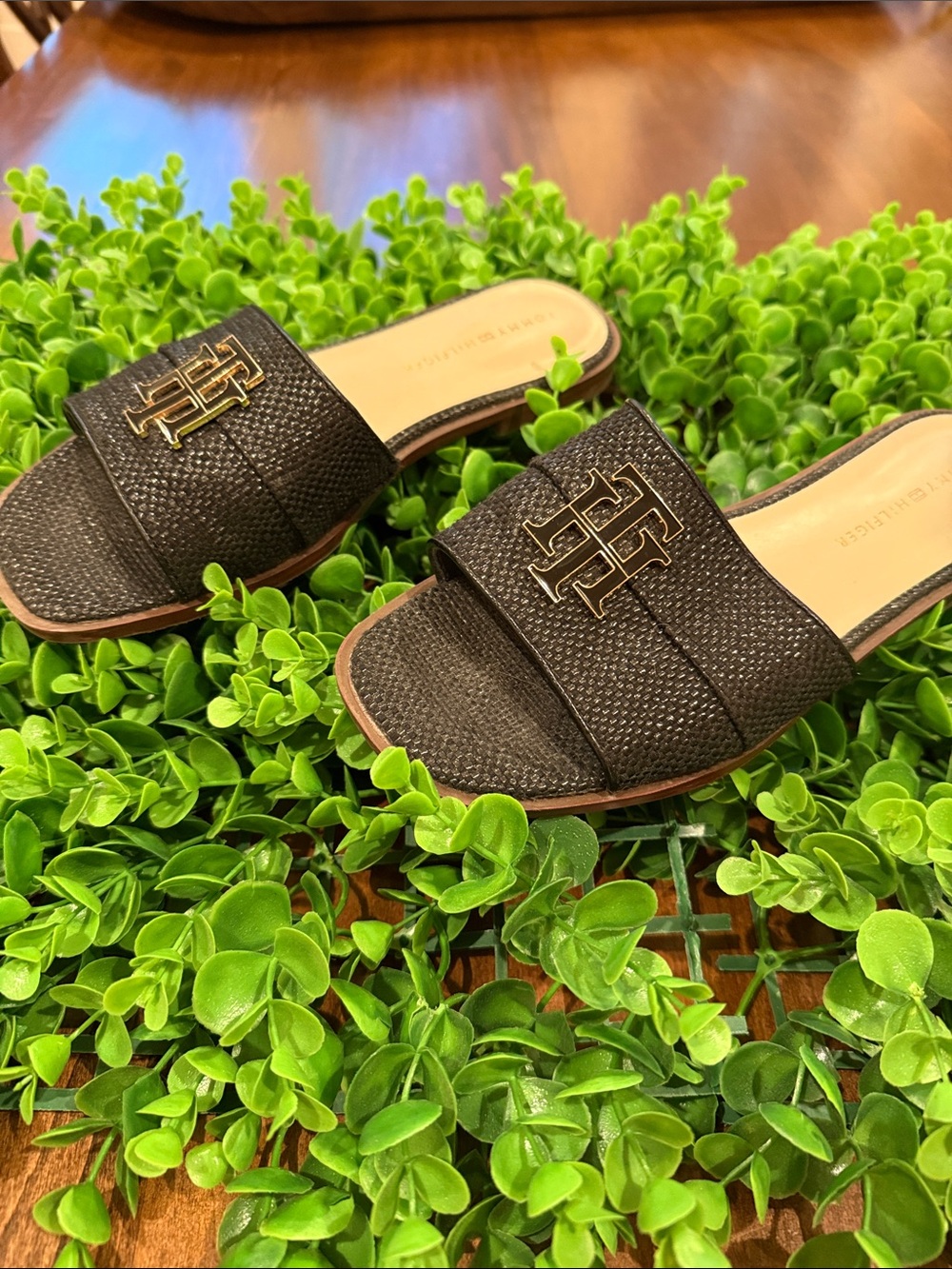 Tommy Hilfiger Black Textured Slide Mules with Gold Logo